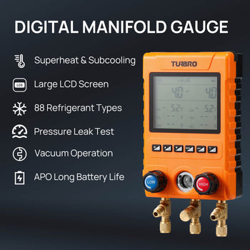 DIGITAL MANIFOLD GAUGE
Superheat & Subcooling
Large LCD Screen
88 Refrigerant Types
Pressure Leak Test
Vacuum Operation
APO Long Battery Life
,view 2