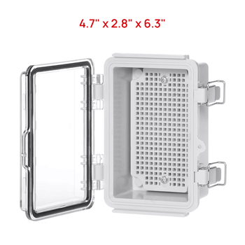 TURBRO Outdoor Electrical Waterproof Junction Box with Latches, ABS Plastic Enclosure Box with Mounting Plate and 304 Stainless Steel Wall Brackets, Hinged Transparent Cover, 4.7” x 2.8” x 6.3”
,view 2