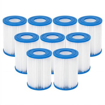 Set of twelve white filter cartridges with blue ends on a white background ,view 2