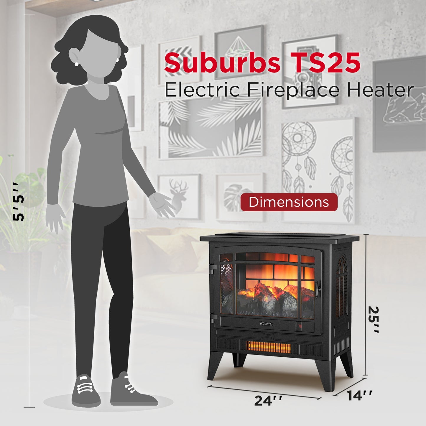 TURBRO Suburbs TS25 Electric Fireplace Infrared Heater - 25" Freestanding Fireplace Stove with Adjustable Flame Effects, Overheating Protection, Timer, Remote Control - 1400W, Black