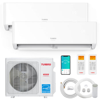A TURBRO Greenland dual zone mini split air conditioner with heat pump. The image shows the indoor units, outdoor unit, remote controls, and installation accessories.,view 1