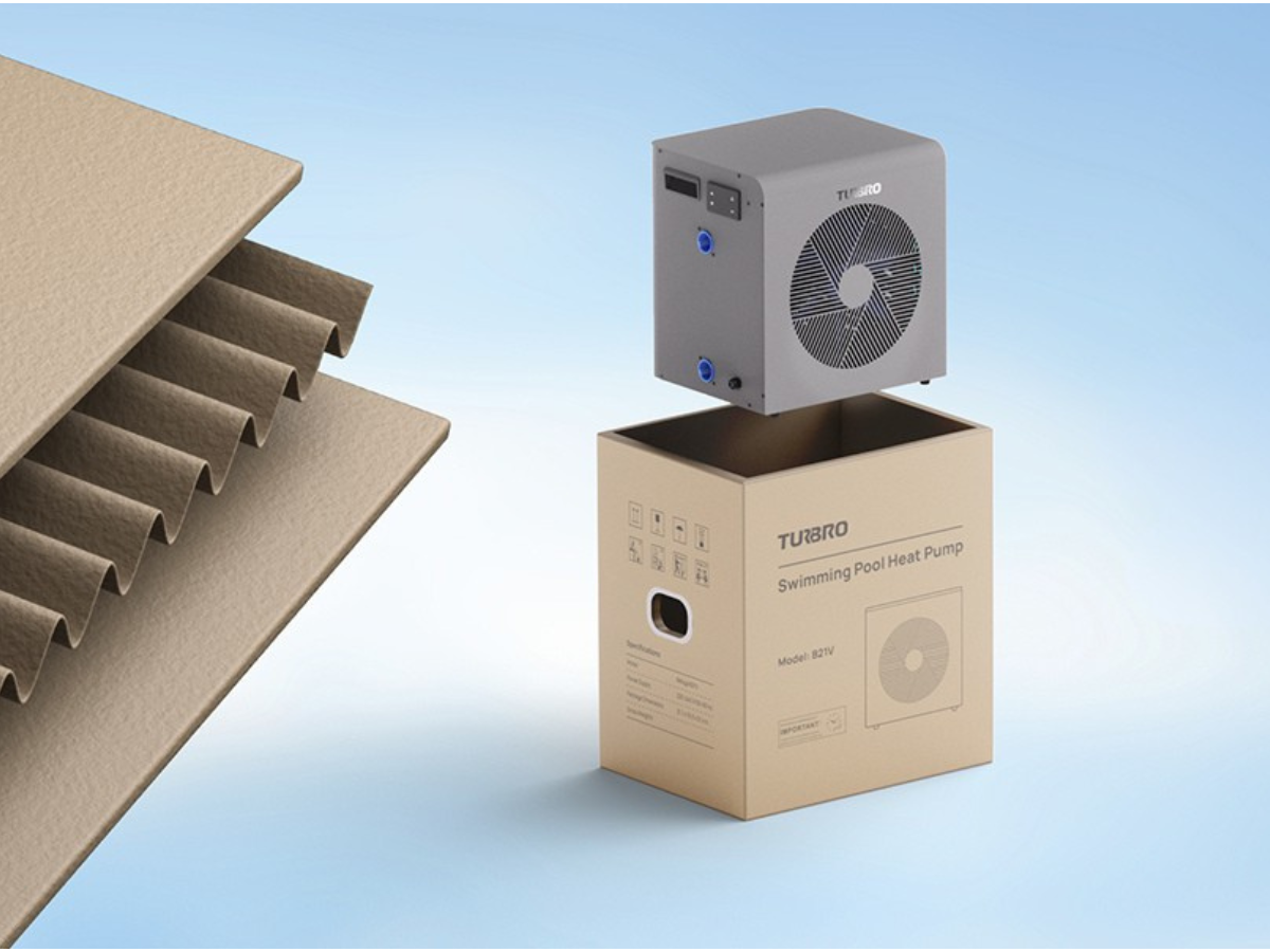 TURBRO swimming pool heater packaging with cardboard box and heater on a blue gradient background