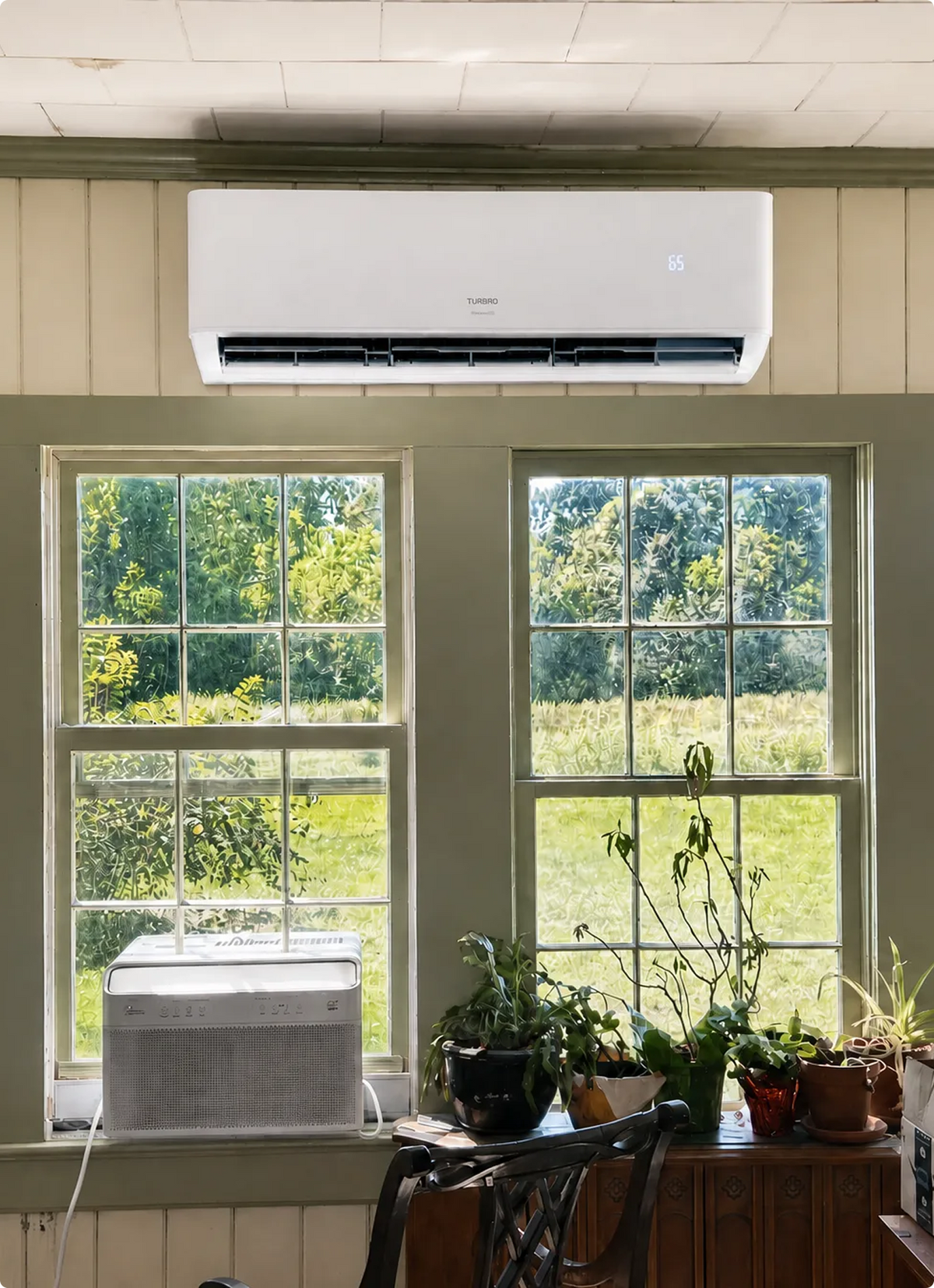 Sunny room with a wall-mounted air conditioner, plants, and a window view of greenery.