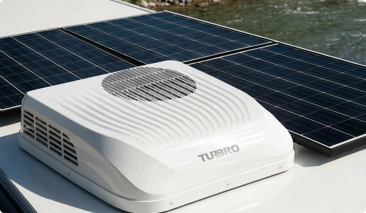 Turbro roof air conditioner on a vehicle with solar panels in the background