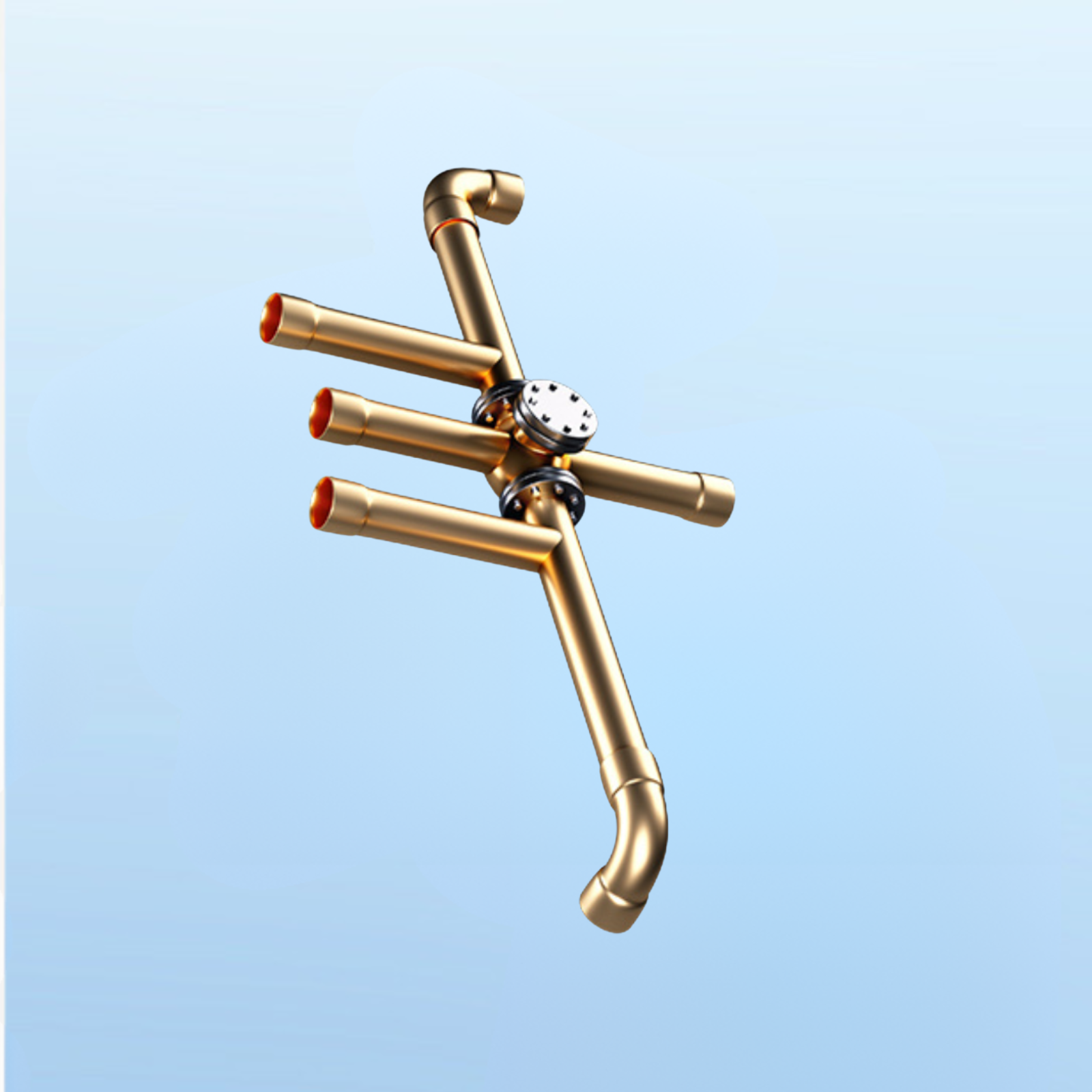 Gold-colored metal tool with multiple nozzles on a light blue background