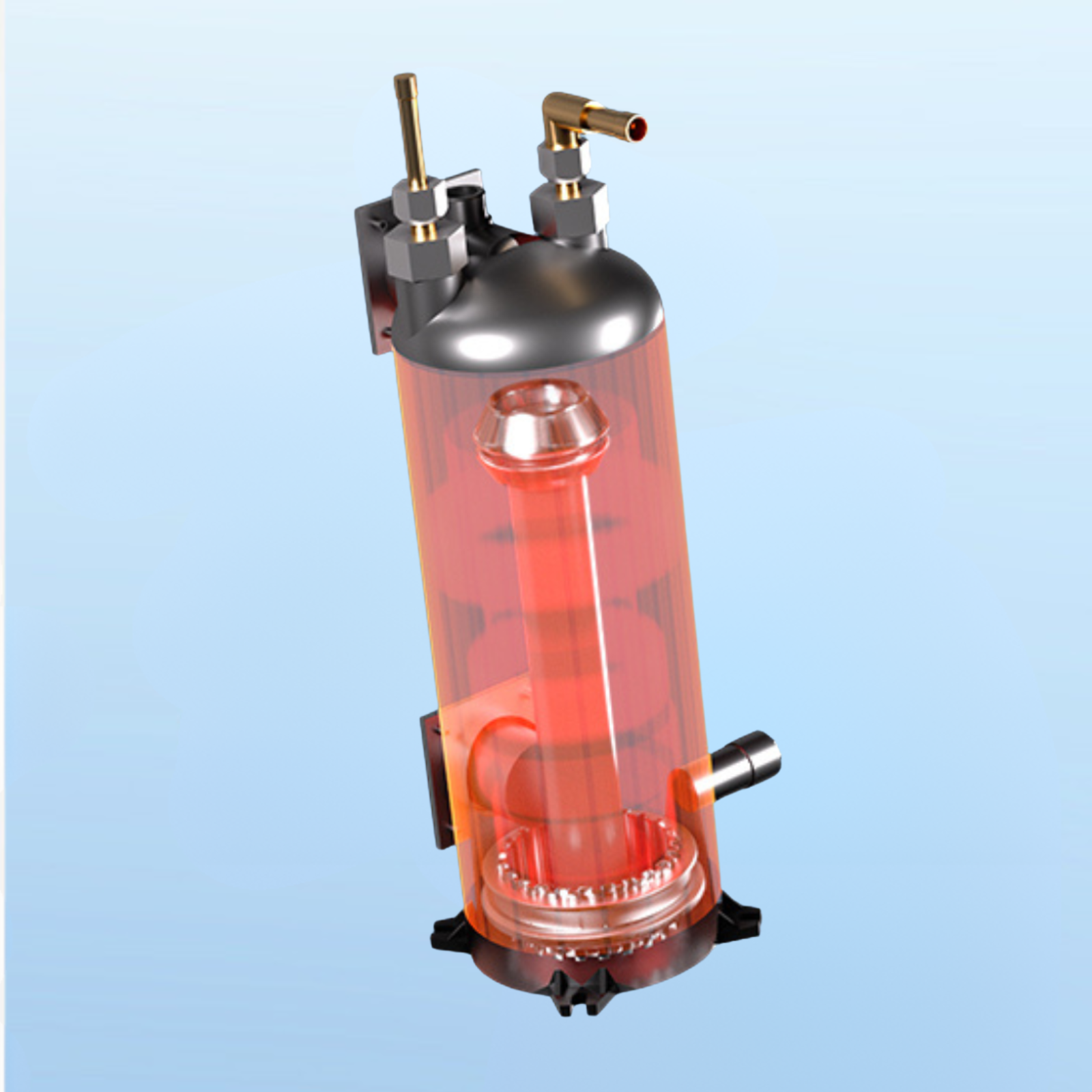 Red cylindrical device with metal components on a light blue background