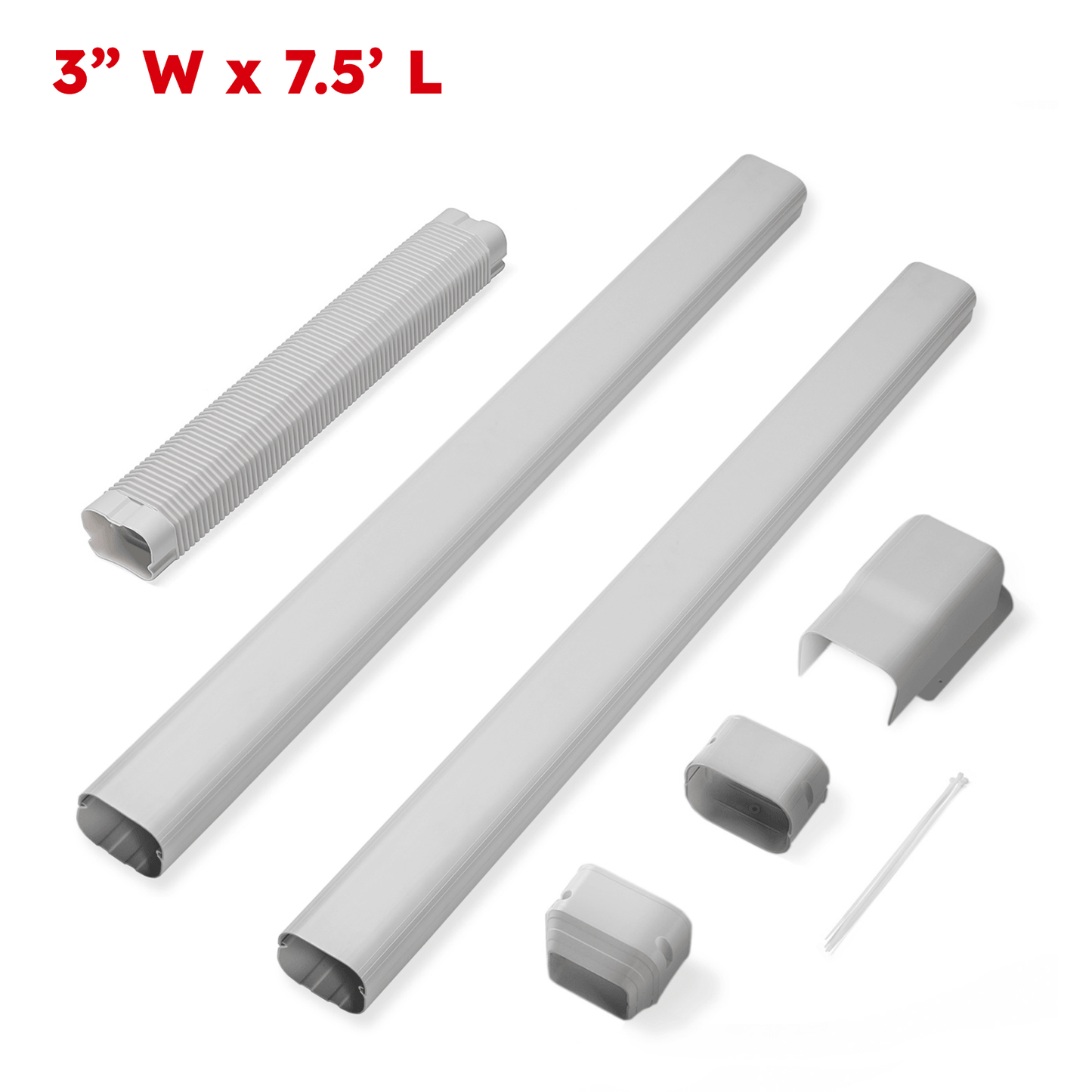 Set of gray plastic components with dimensions 3" W x 7.5' L on a white background