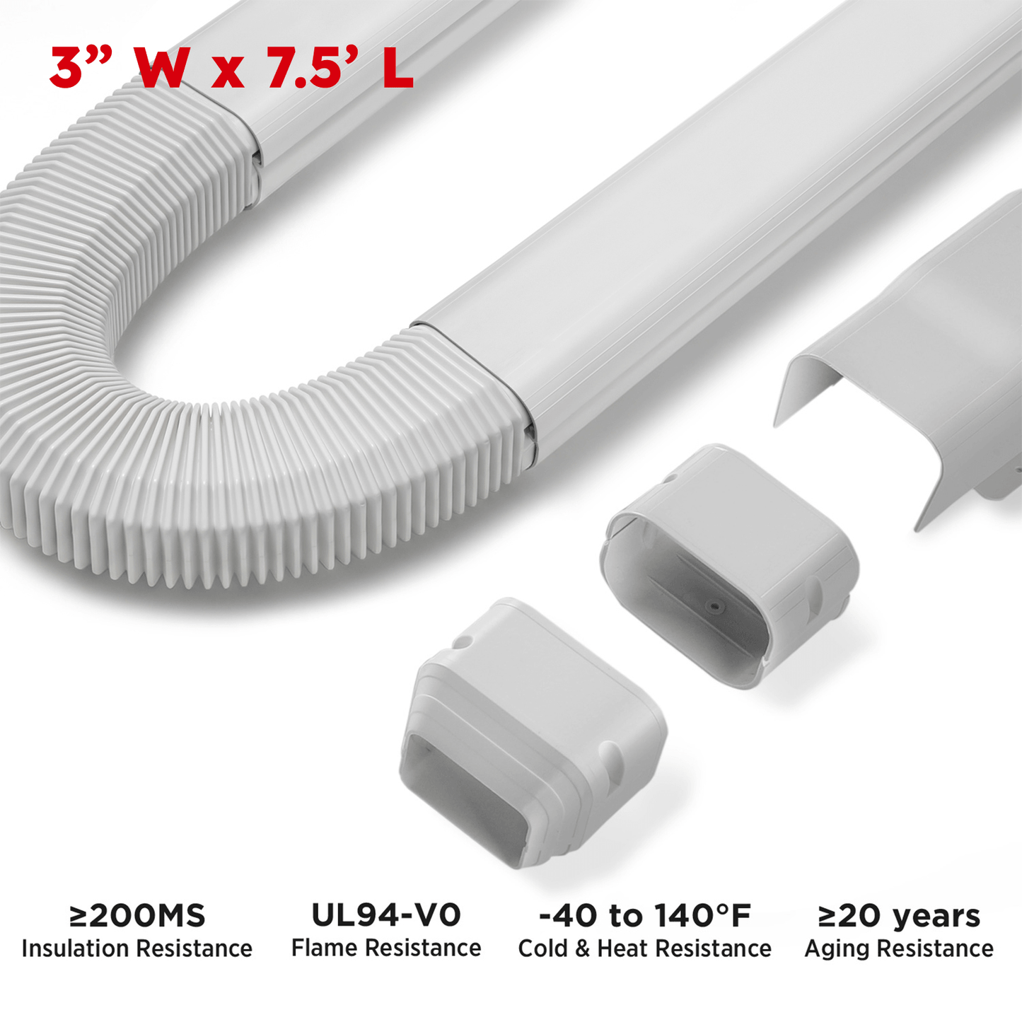 White flexible hose with connectors on a white background, featuring specifications.