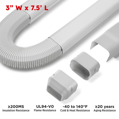 White flexible hose with connectors on a white background, featuring specifications.
