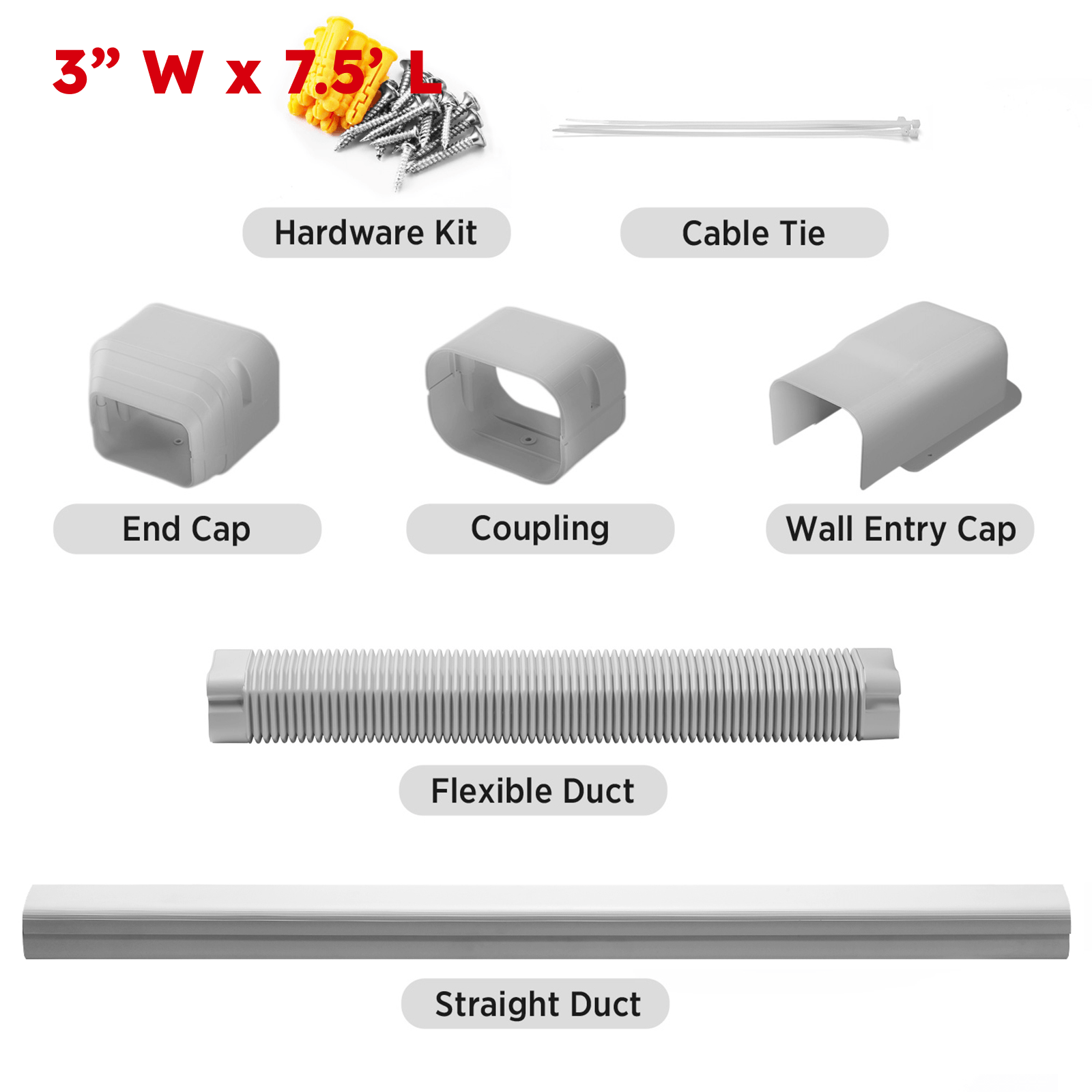 Set of ductwork components including hardware kit, cable tie, end cap, coupling, wall entry cap, flexible duct, and straight duct on a white background.