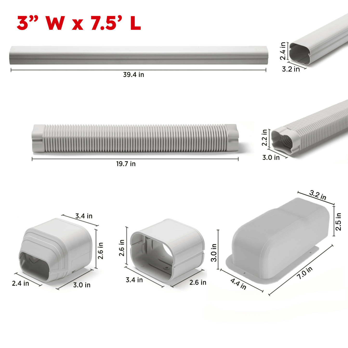 Measurement chart of various pipe and duct components with dimensions on a white background.