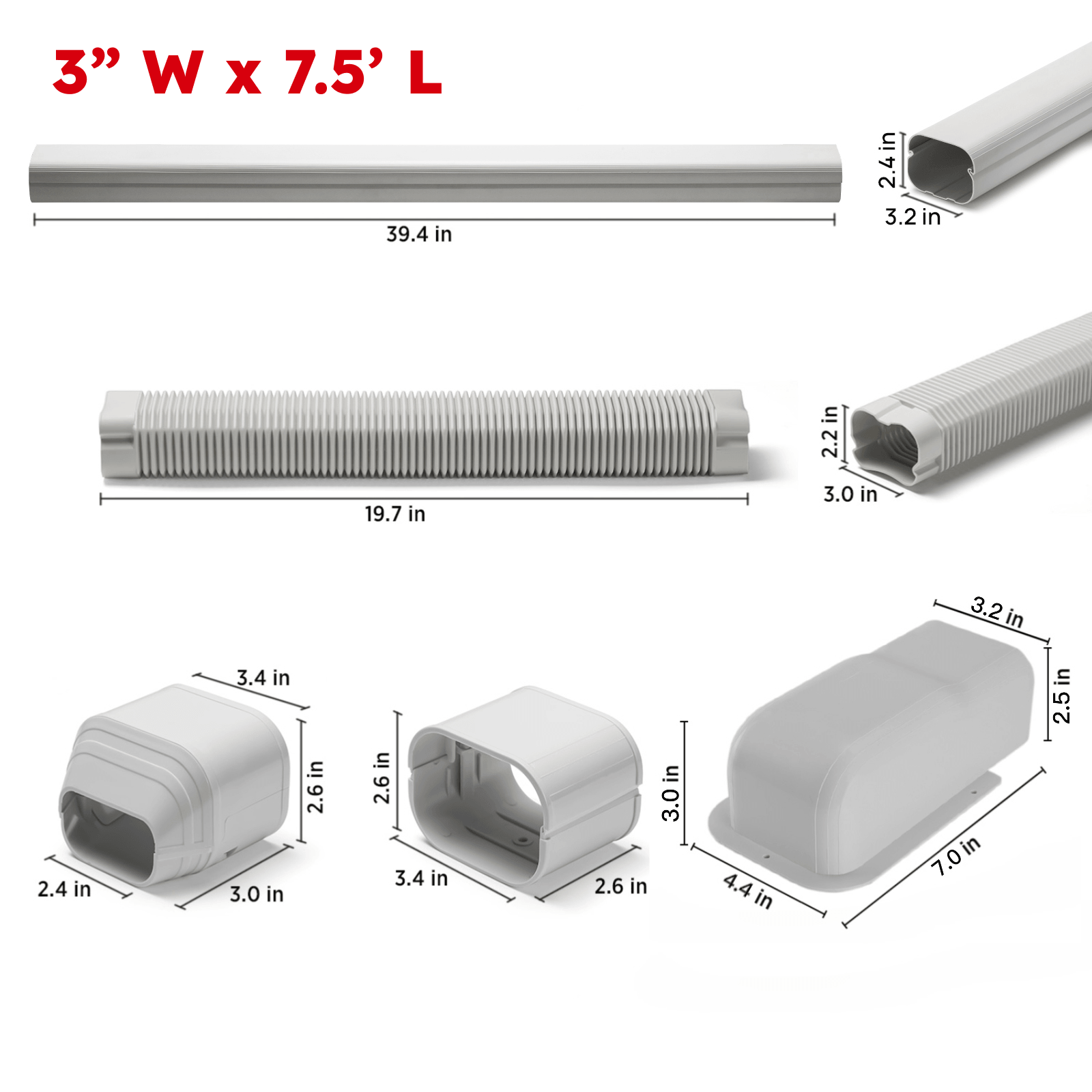 Measurement chart of various pipe and duct components with dimensions on a white background.