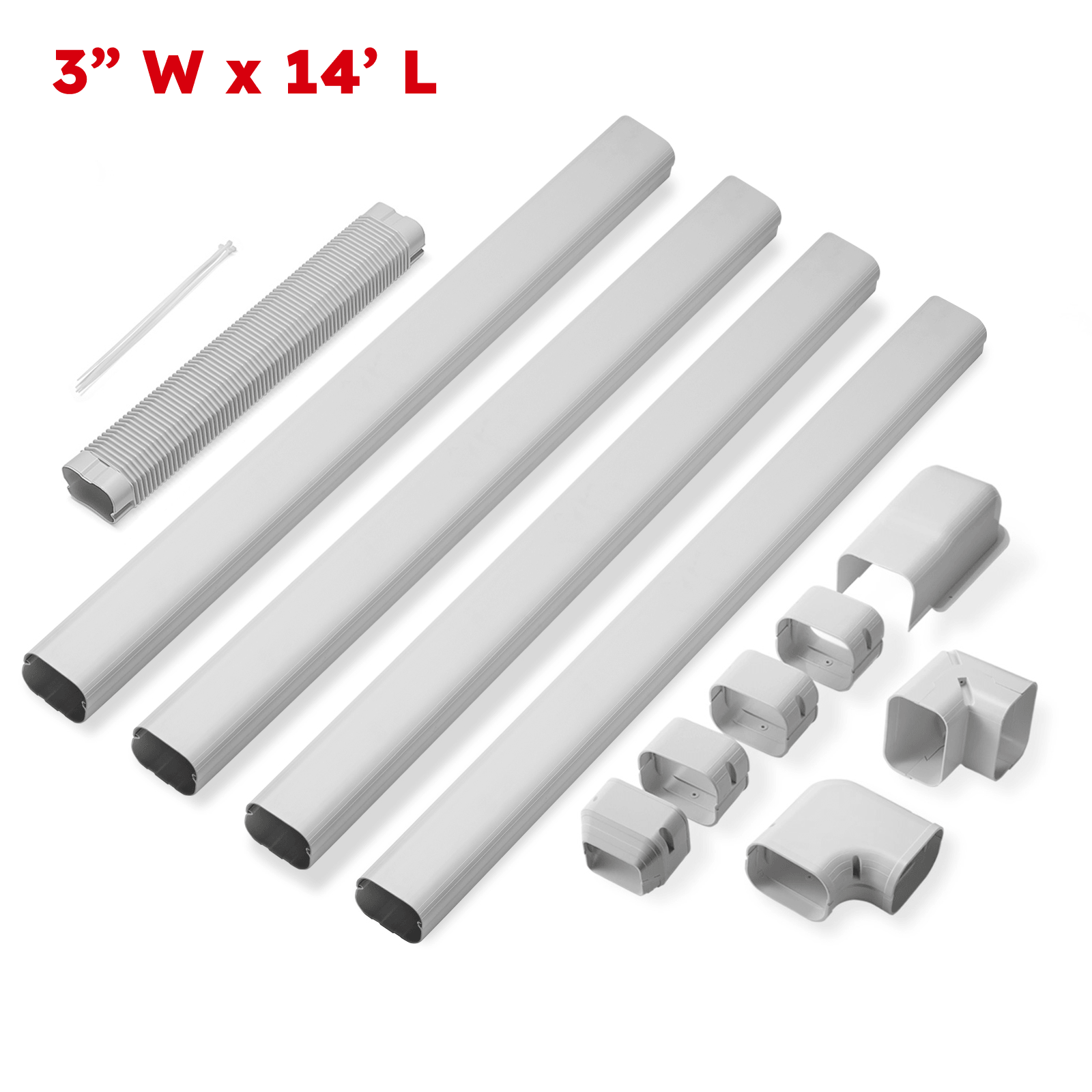 Set of white plastic pipes and connectors with dimensions 3" W x 14' L on a white background.