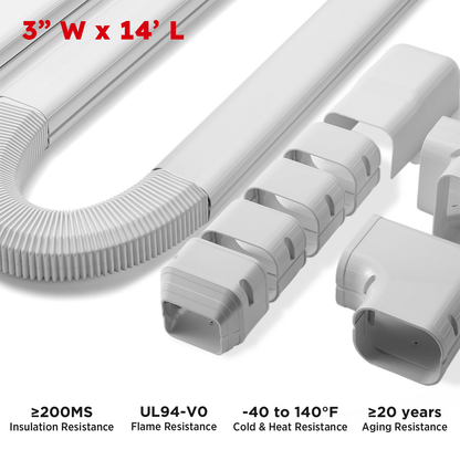 White plastic conduit with connectors on a white background, featuring dimensions and specifications.