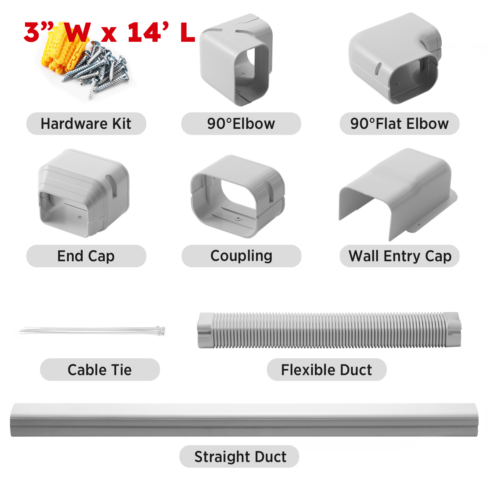 Collection of cable management components including hardware kit, elbows, caps, and ducts on a white background.