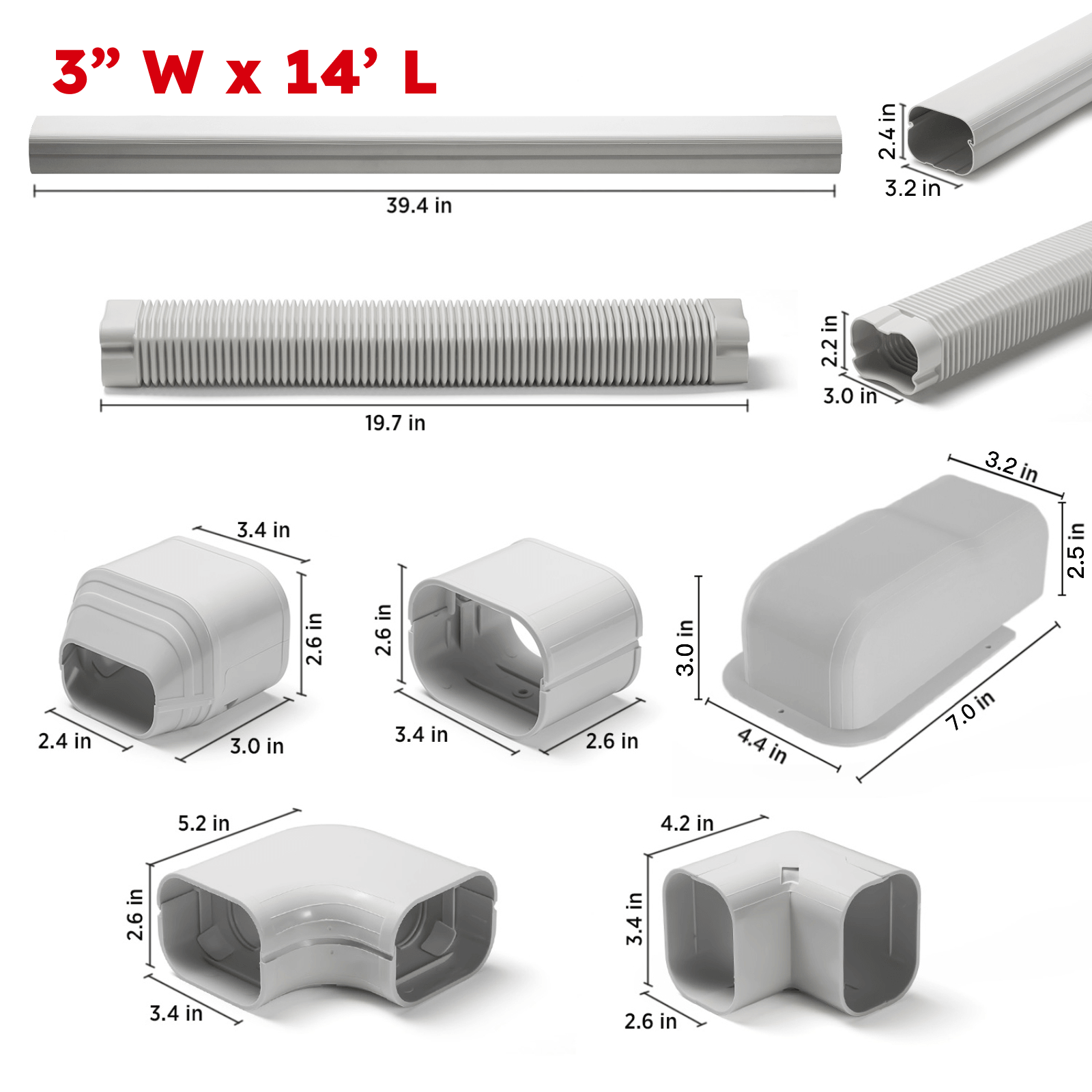 Measurement chart of various duct components with dimensions on a white background