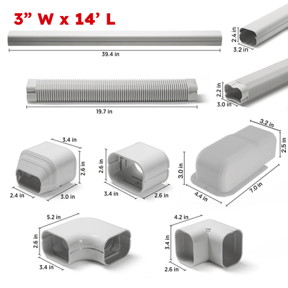 Measurement chart of various duct components with dimensions on a white background