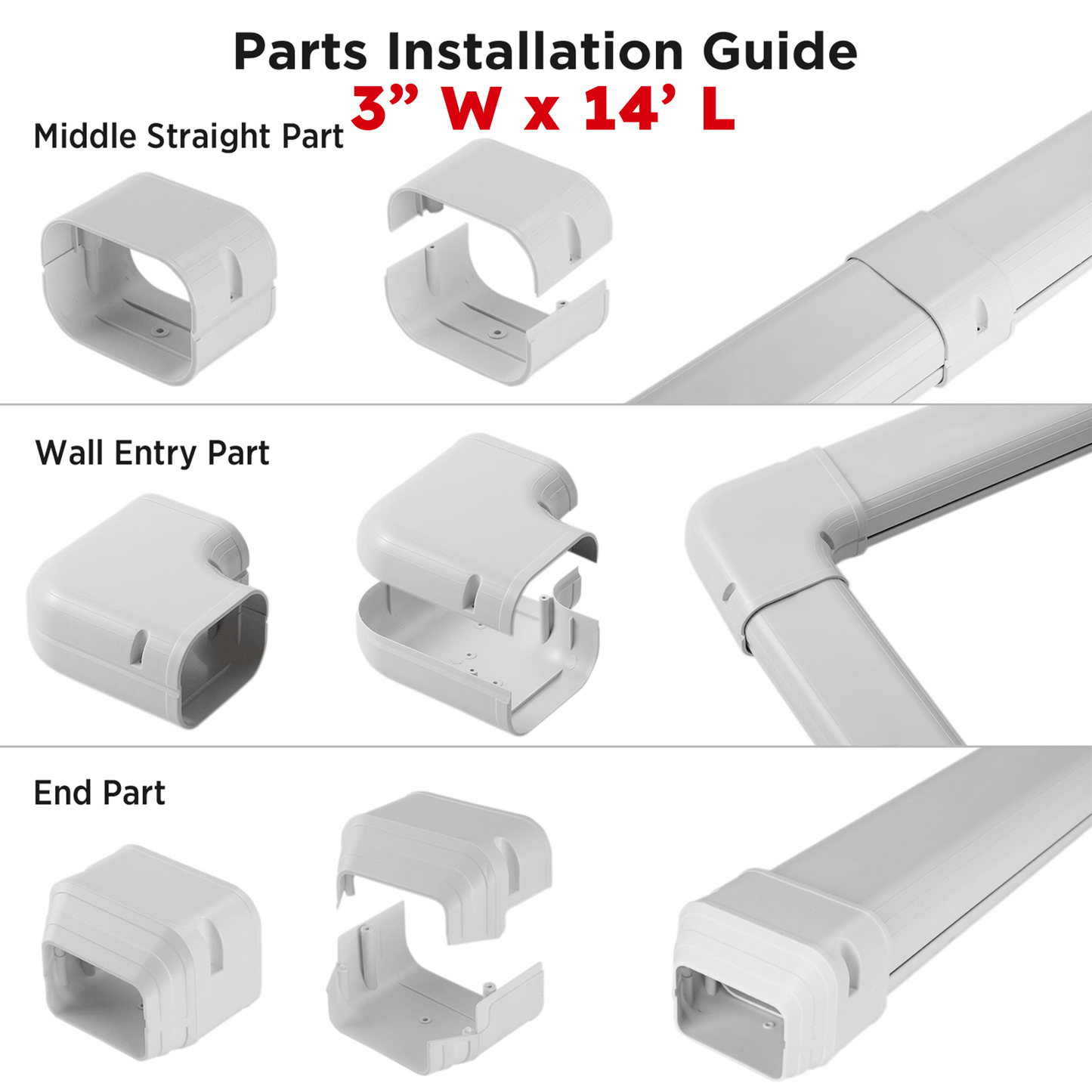 Parts installation guide for a light fixture with components labeled 'Middle Straight Part', 'Wall Entry Part', and 'End Part'.