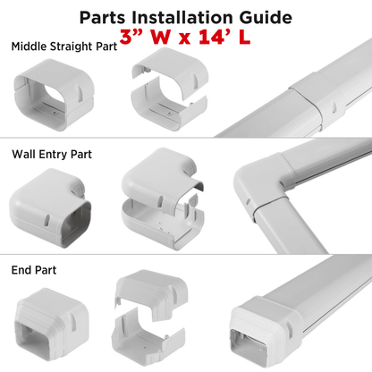 Parts installation guide for a light fixture with components labeled 'Middle Straight Part', 'Wall Entry Part', and 'End Part'.