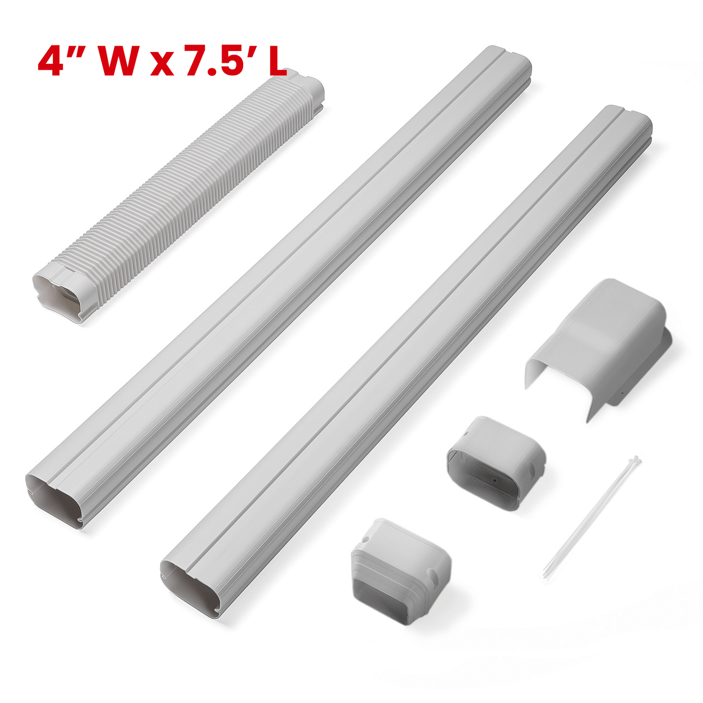 Set of gray plastic components with dimensions 4" W x 7.5' L on a white background