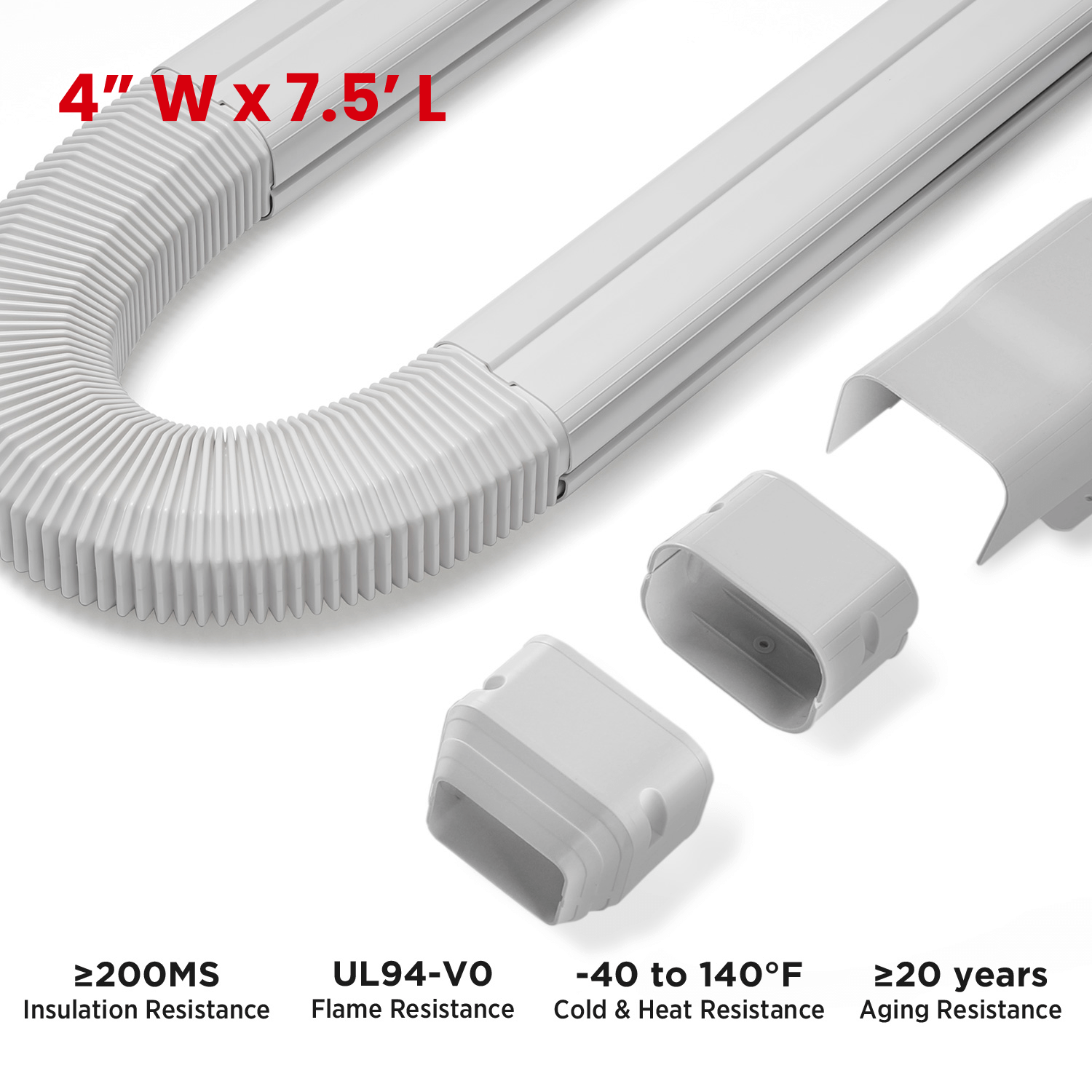 White flexible hose with connectors on a white background, featuring specifications.