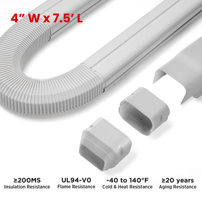White flexible hose with connectors on a white background, featuring specifications.