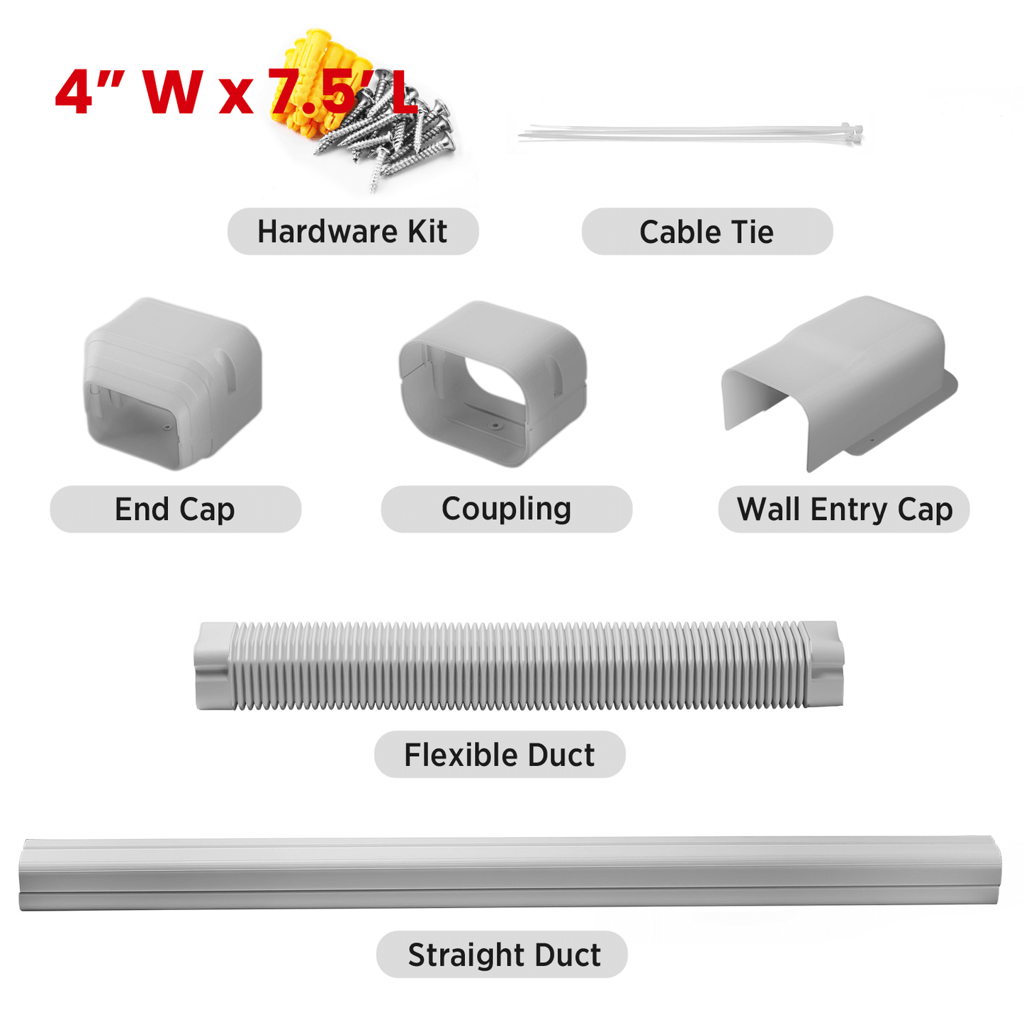Set of ductwork components including hardware kit, cable tie, end cap, coupling, wall entry cap, flexible duct, and straight duct on a white background.