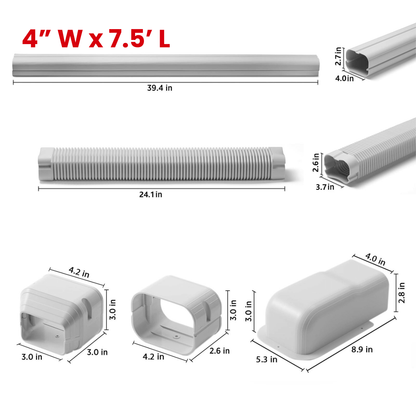 Measurement chart of various pipe and duct components with dimensions on a white background.