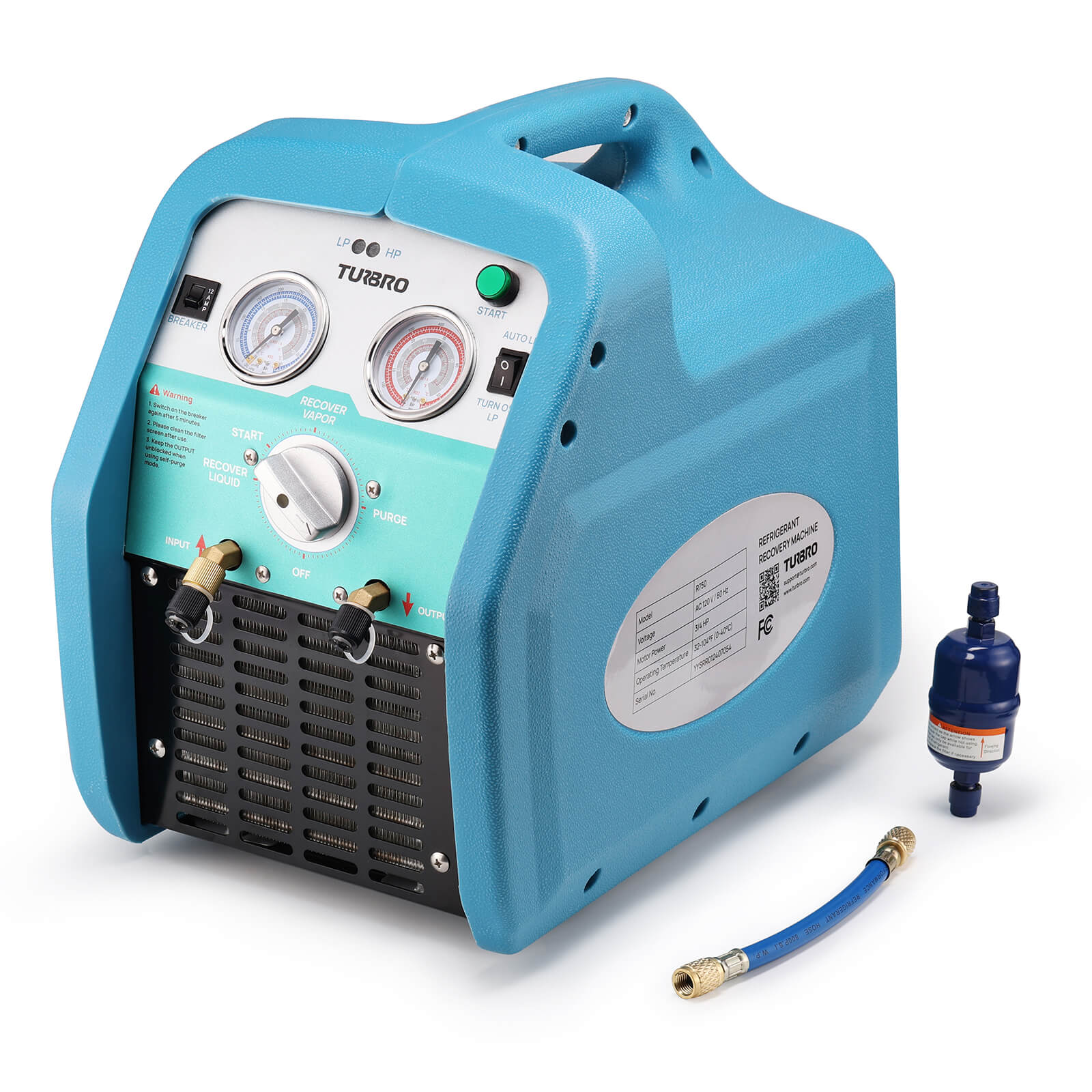 TURBRO 3/4 HP Refrigerant Recovery Machine, 120V 60Hz, Single Cylinder Oil-less Compressor for Liquid and Vapor Refrigerant, Handles R32 and R1234yf, for Industrial, Home HVAC and Automotive AC Systems