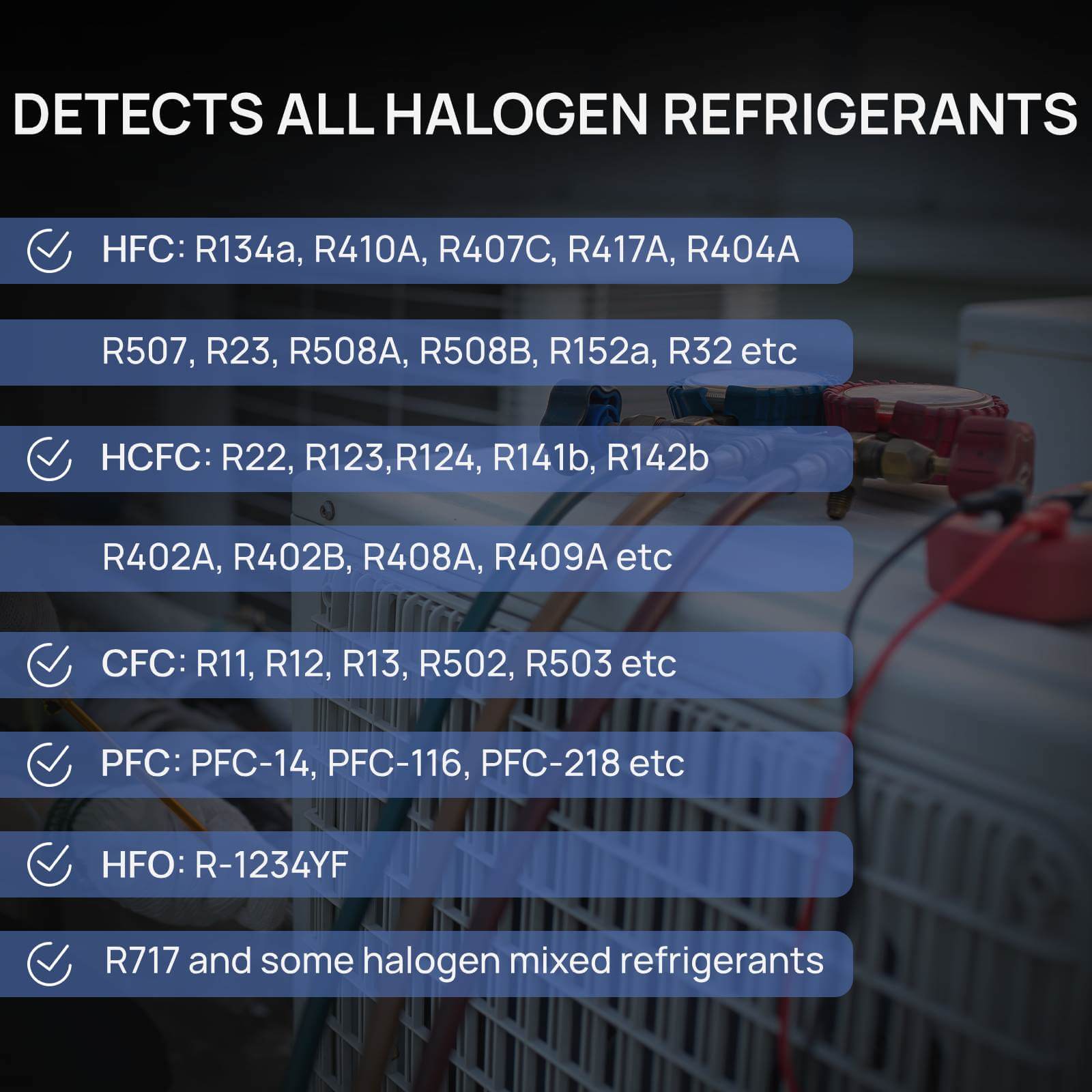 Detects All Halogen Refrigerants 

HFC: R134a, R410A, R407C, R417A, R404A, R507, R23, R508A, R508B, R152a, R32 etc
HCFC: R22, R123,R124, R141b, R142b, R402A, R402B, R408A, R409A etc
CFC: R11, R12, R13, R502, R503 etc
PFC: PFC-14, PFC-116, PFC-218 etc
HFO: R-1234YF. 
R717 and some halogen mixed refrigerants
