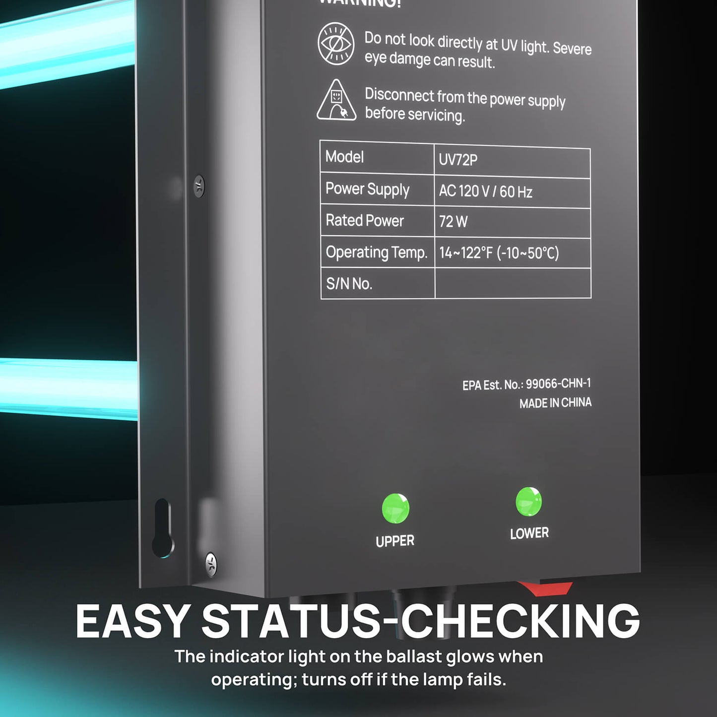 EASY STATUS-CHECKING
The indicator light on the ballast glows when operating and turns off if the lamp stops working.

