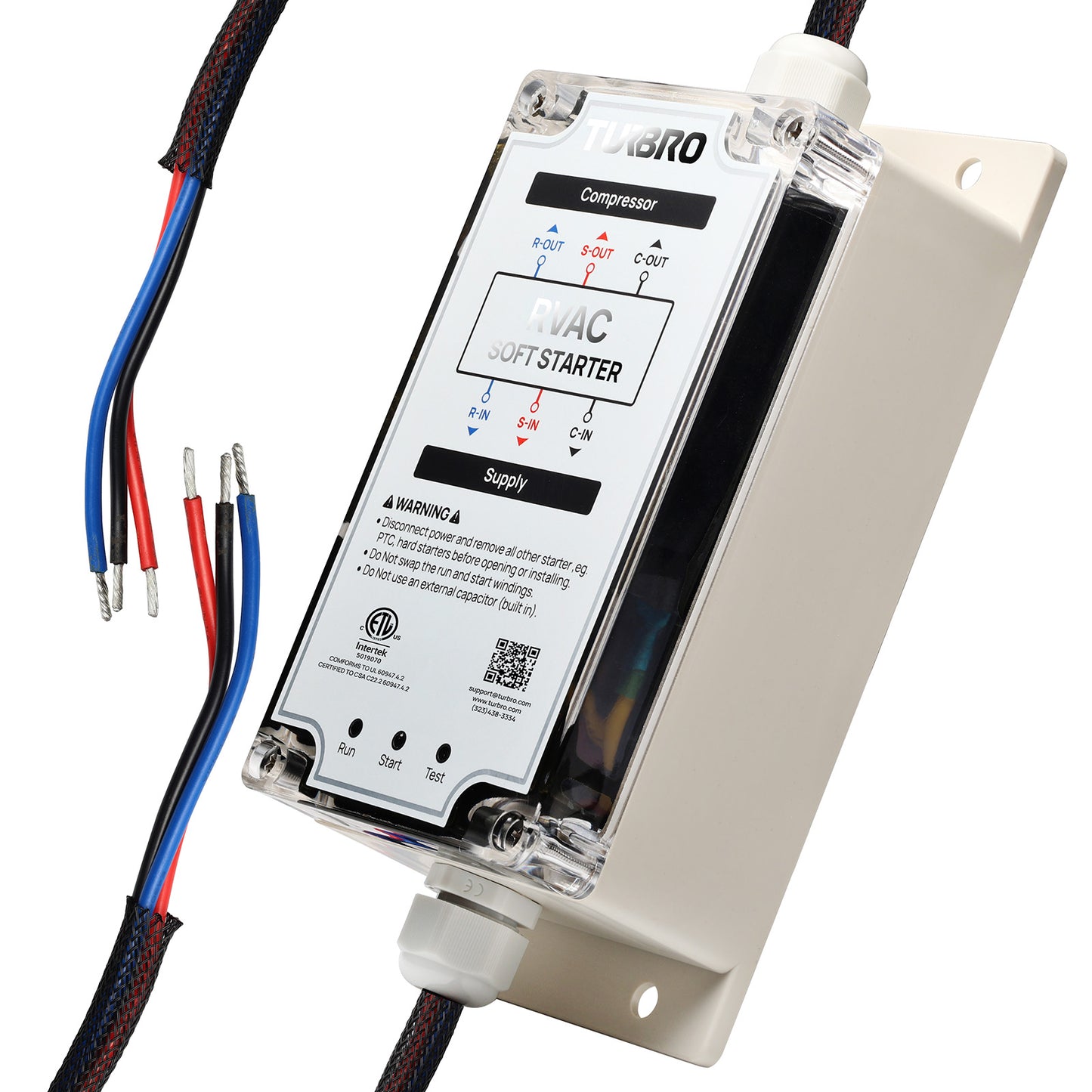 Compressor soft starter with wiring on a white background