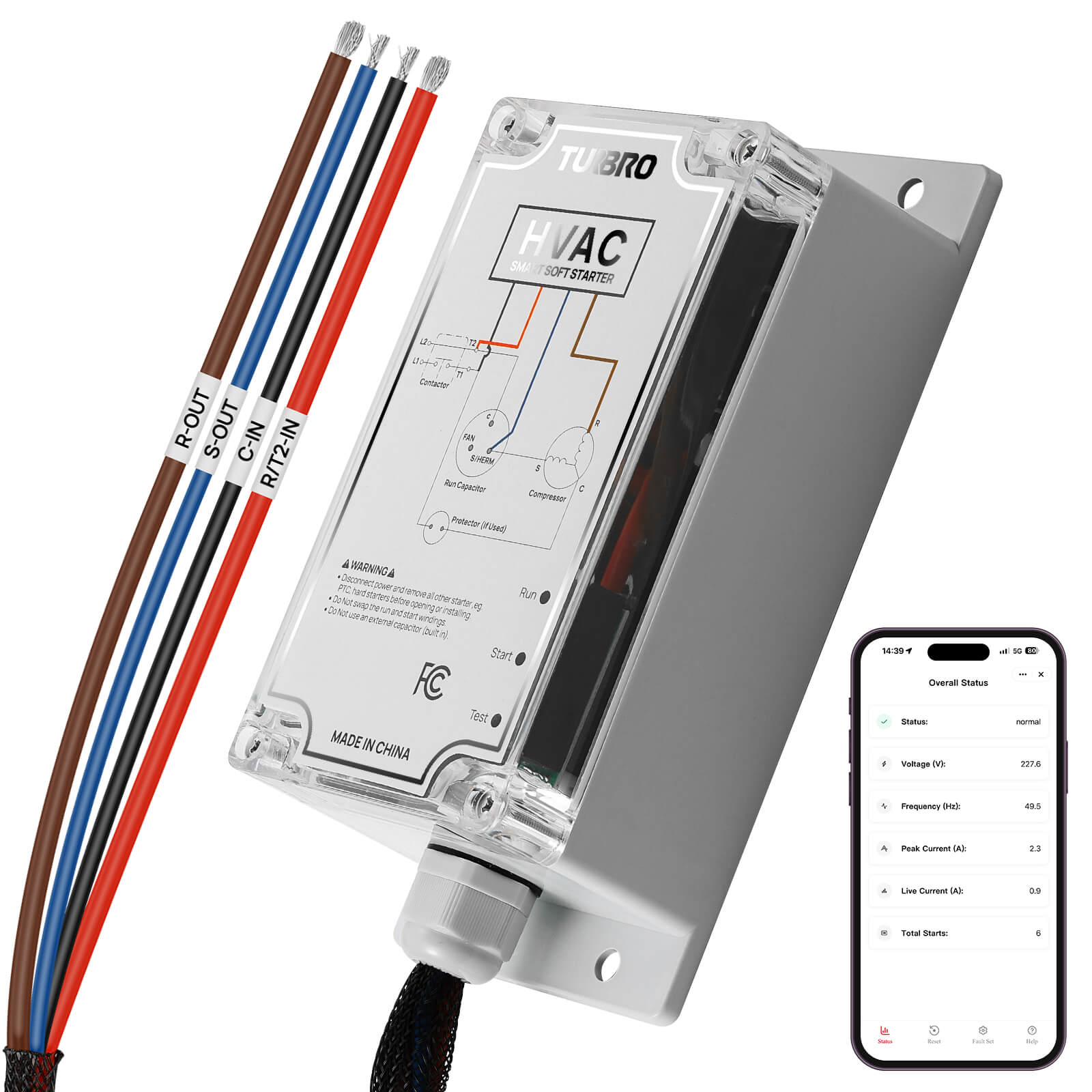 A TUBRRO HVAC Smart Relay device with a gray metal housing, clear plastic top cover, and attached wiring harness with brown, blue, red, and black wires. A smartphone app interface preview is shown in the lower right corner on a white background.