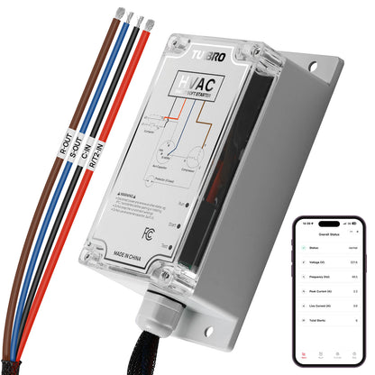 A TUBRRO HVAC Smart Relay device with a gray metal housing, clear plastic top cover, and attached wiring harness with brown, blue, red, and black wires. A smartphone app interface preview is shown in the lower right corner on a white background.