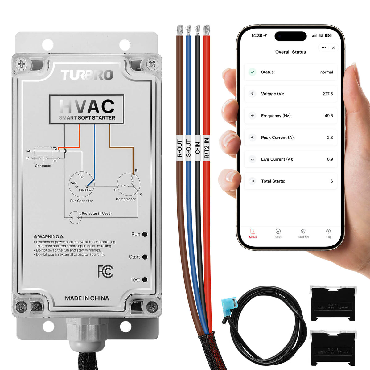 A TURBRO HVAC smart soft starter control unit shown alongside a hand holding a smartphone app screen, wiring diagrams, a black cable, and two small black contact modules on a white background.