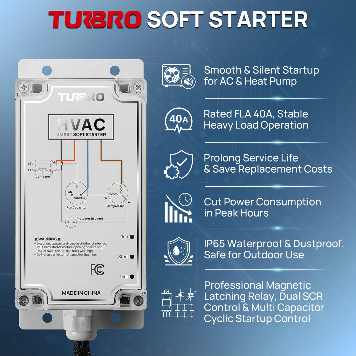 Turbro Soft Starter HVAC smart soft starter unit shown on a blue promotional background with feature callouts and icons.