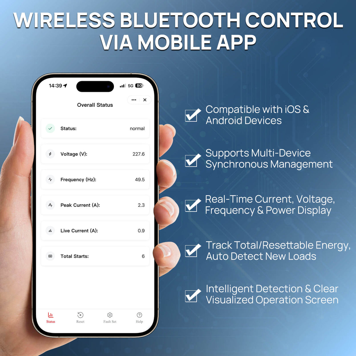 A hand holds a smartphone displaying a wireless Bluetooth control app interface, with marketing text on a blue tech-style background about controlling devices via a mobile app.