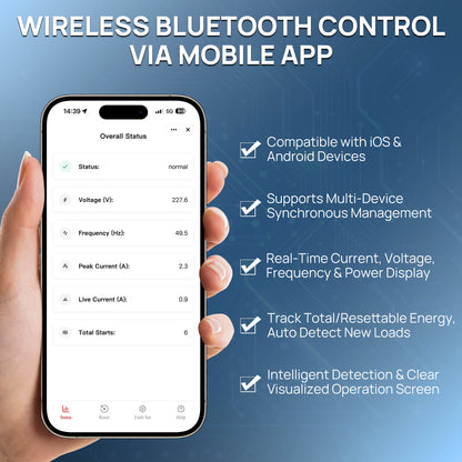 A hand holds a smartphone displaying a wireless Bluetooth control app interface, with marketing text on a blue tech-style background about controlling devices via a mobile app.