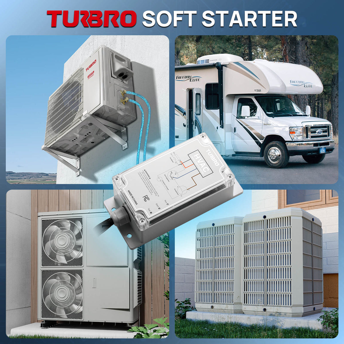 A collage titled 'TURBRO SOFT STARTER' showing multiple views of an electric vehicle heat pump soft starter control box, including one floating in the center and others installed on a wall, outdoors, and on a vehicle. A white RV is pictured in the top-right panel.