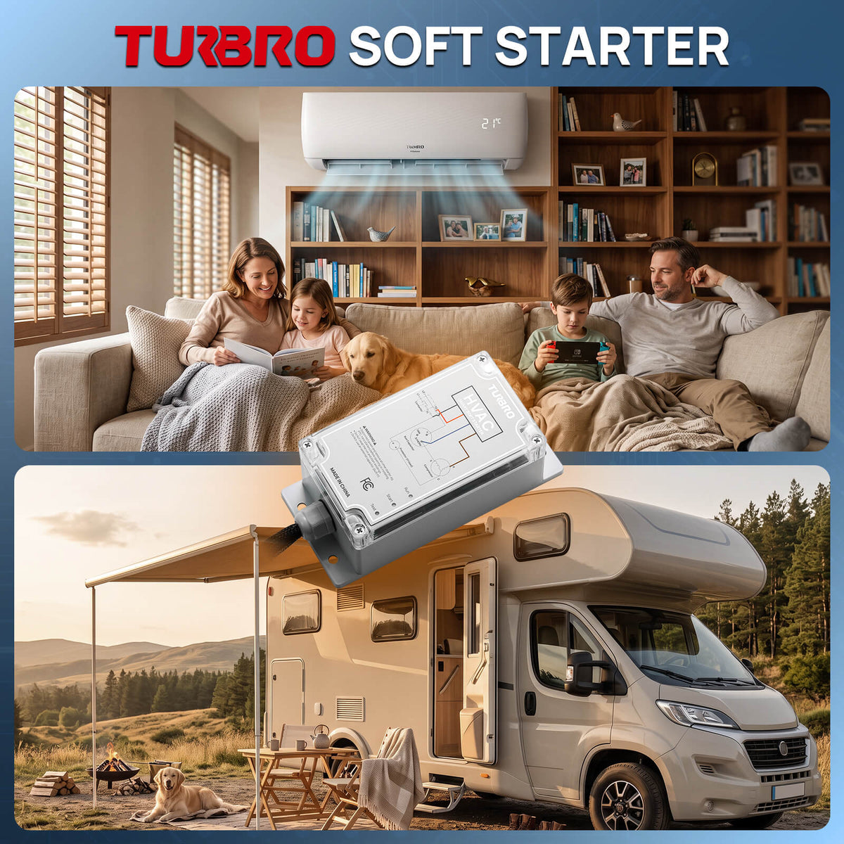 A composite promotional image for a TURBRO soft starter controller. The top panel shows a living room scene with a family using a TV and an air conditioner, with the soft starter emitting cooling airflow.