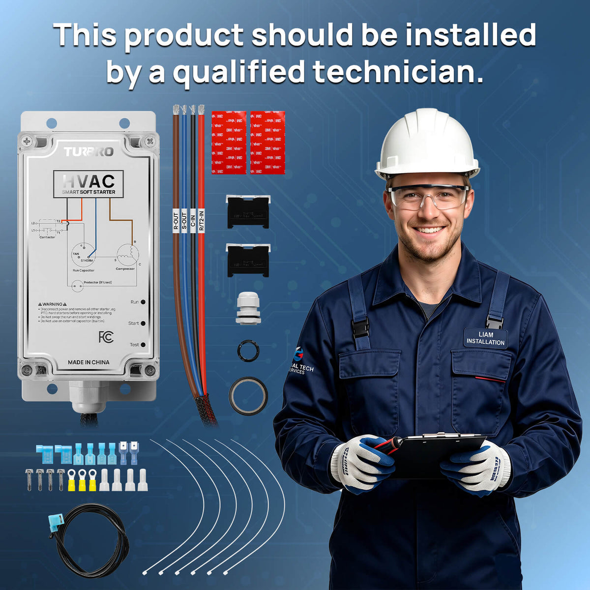 An electrical TURBRO transformer isolation module kit displayed next to a smiling male technician in a white hard hat and navy work uniform holding a tablet. The image features a blue background with technical installation diagrams and wiring accessories.