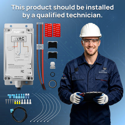 An electrical TURBRO transformer isolation module kit displayed next to a smiling male technician in a white hard hat and navy work uniform holding a tablet. The image features a blue background with technical installation diagrams and wiring accessories.