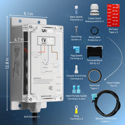 Turbro HVAC electrical junction box kit with dimension labels (12.8 in, 6.