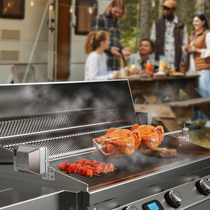 TURBRO Stainless Steel Rotisserie Kit for Most Gas Grills - Includes 4W Electric Motor, 5/16" Square Spit Rod, Adjustable Height Support Bracket, Meat Forks - Ideal for Outdoor BBQ and Gatherings