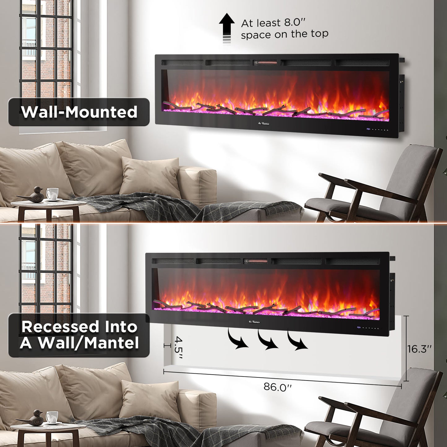 [Discontinued] In Flames INF88W-3D WiFi Smart Wall Mounted Electric Fireplace - Tempered Glass