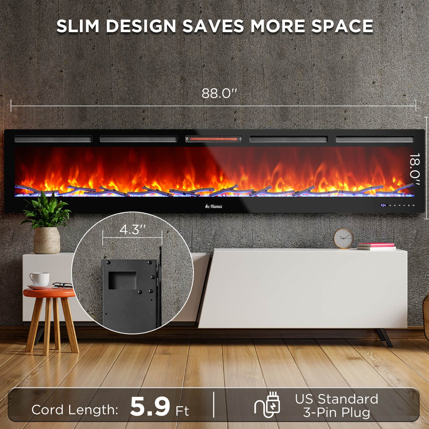 [Discontinued] In Flames INF88W-3D WiFi Smart Wall Mounted Electric Fireplace - Tempered Glass