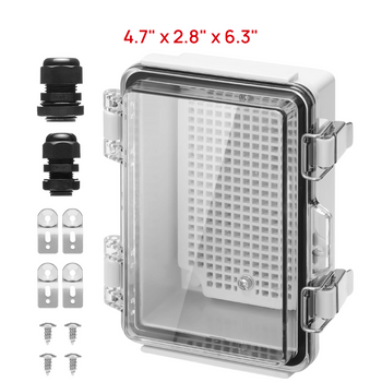 TURBRO Outdoor Electrical Waterproof Junction Box with Latches, ABS Plastic Enclosure Box with Mounting Plate and 304 Stainless Steel Wall Brackets, Hinged Transparent Cover, 4.7” x 2.8” x 6.3”
,view 1