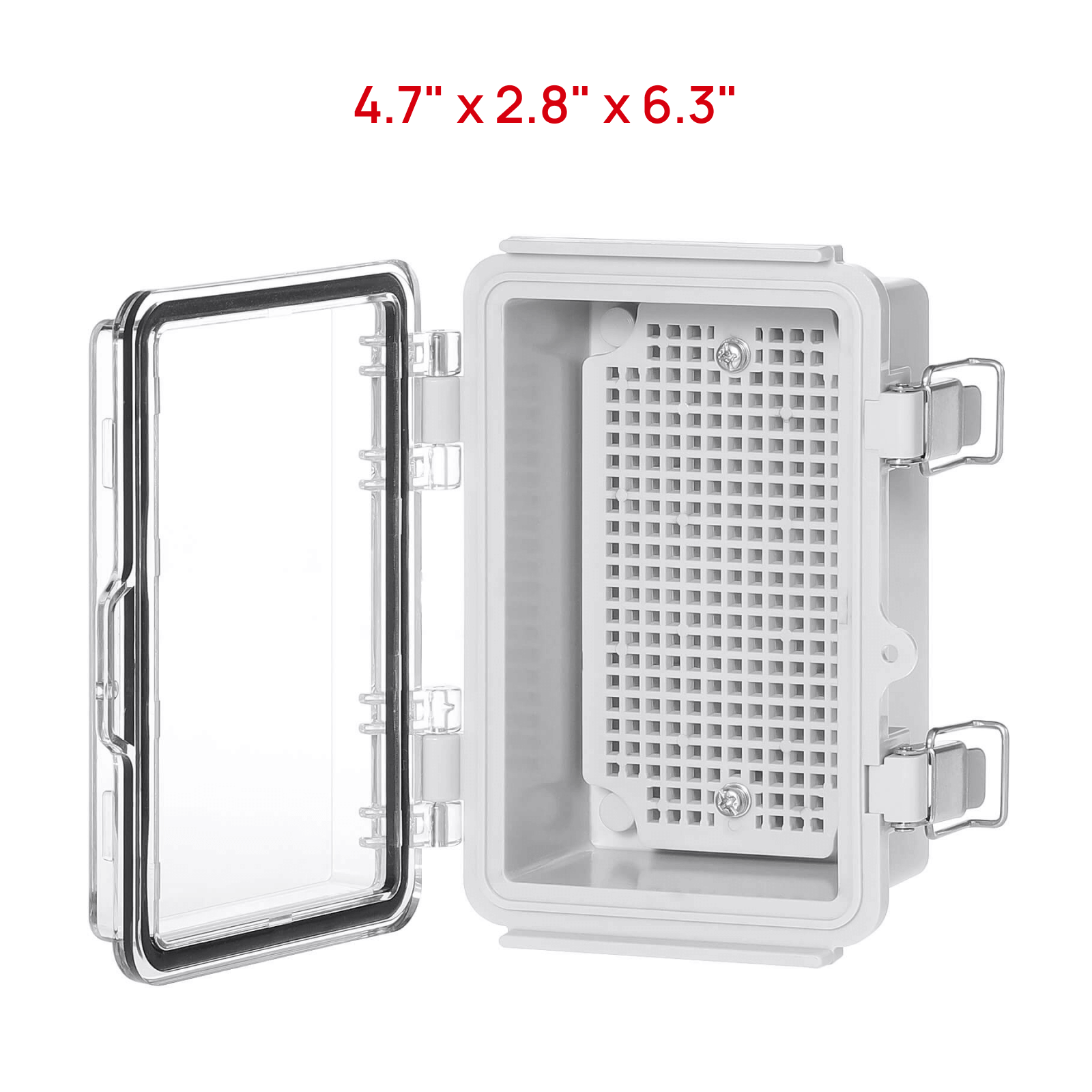 TURBRO Outdoor Electrical Waterproof Junction Box with Latches, ABS Plastic Enclosure Box with Mounting Plate and 304 Stainless Steel Wall Brackets, Hinged Transparent Cover, 4.7” x 2.8” x 6.3”
