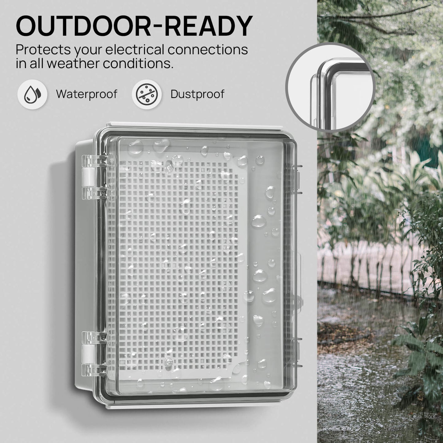 OUTDOOR-READY
Protects your electrical connections in all weather conditions.

IP67 Waterproof
Dustproof
