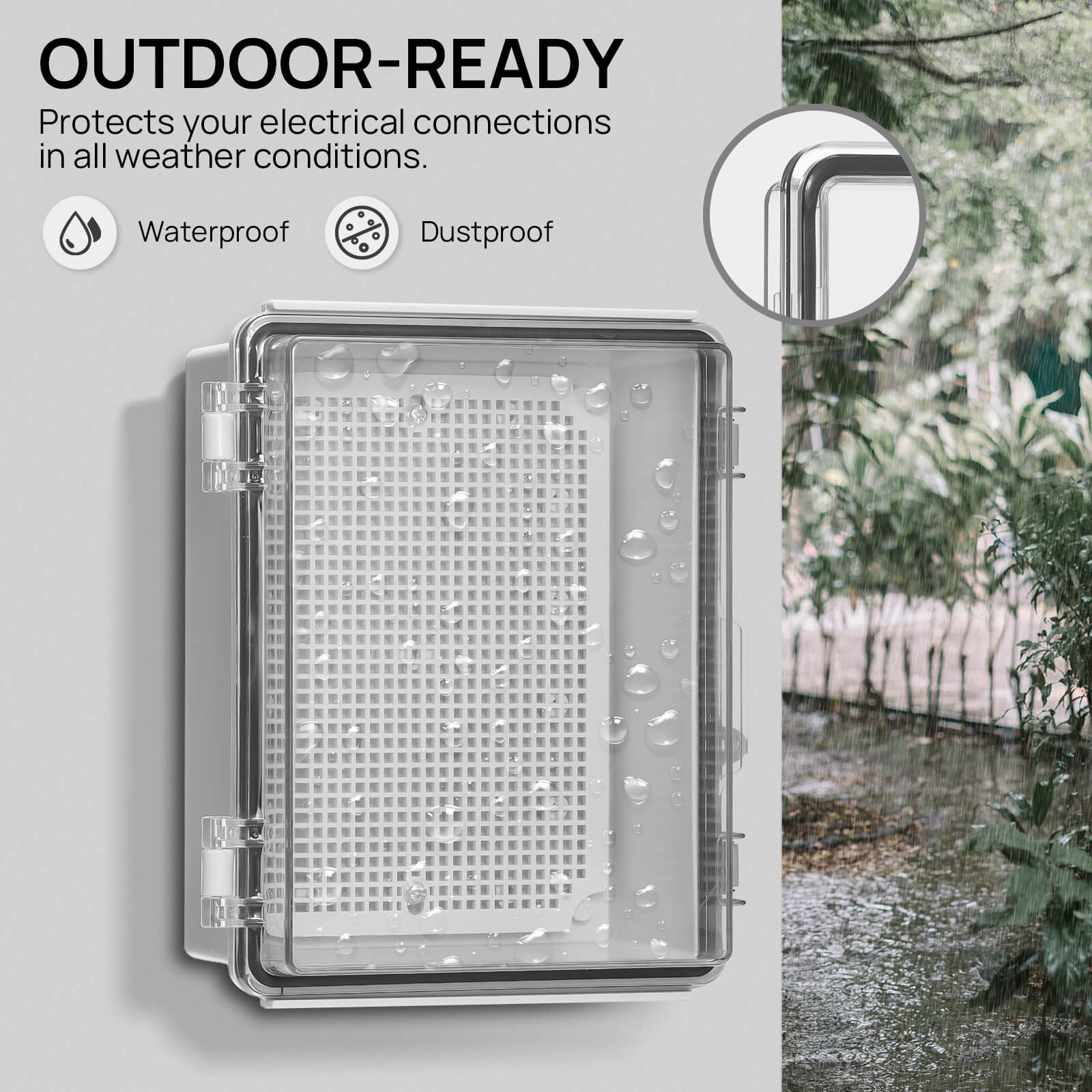 OUTDOOR-READY
Protects your electrical connections in all weather conditions.

IP67 Waterproof
Dustproof
